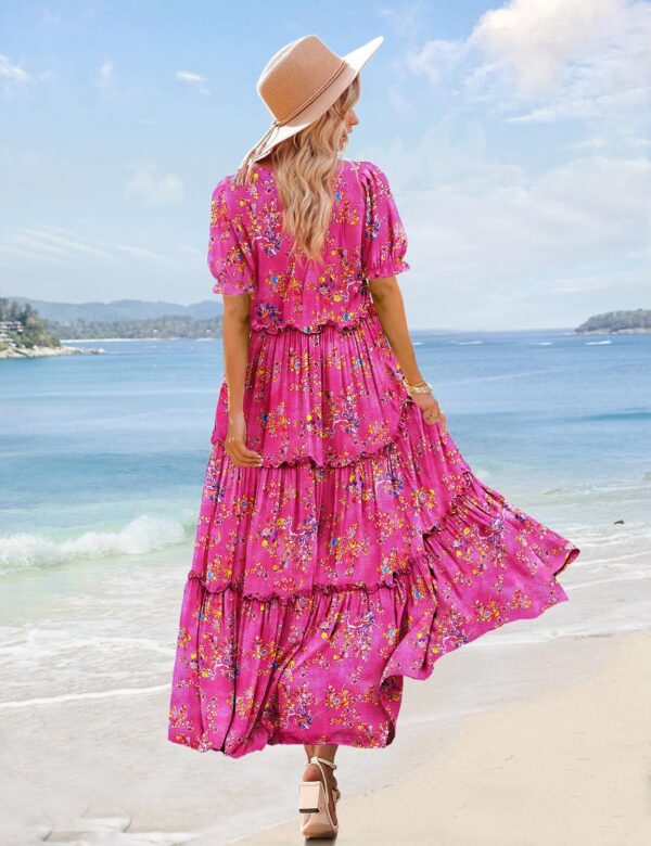 YESNO Summer Casual Bohemian Floral Dresses for Women Puff Short Sleeve Long Maxi Dress with Pockets ETX - Image 5