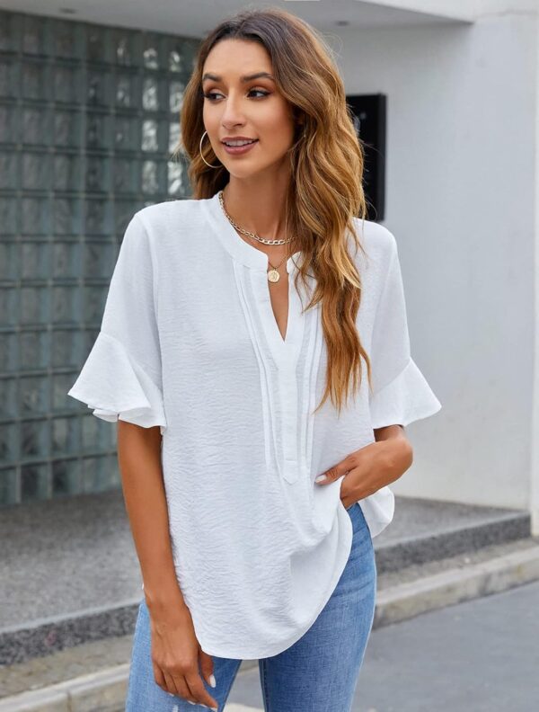 BMJL Womens White Blouses Chiffon Ruffle Short Sleeve V Neck Business Casual Tops Summer Cute Shirt - Image 3