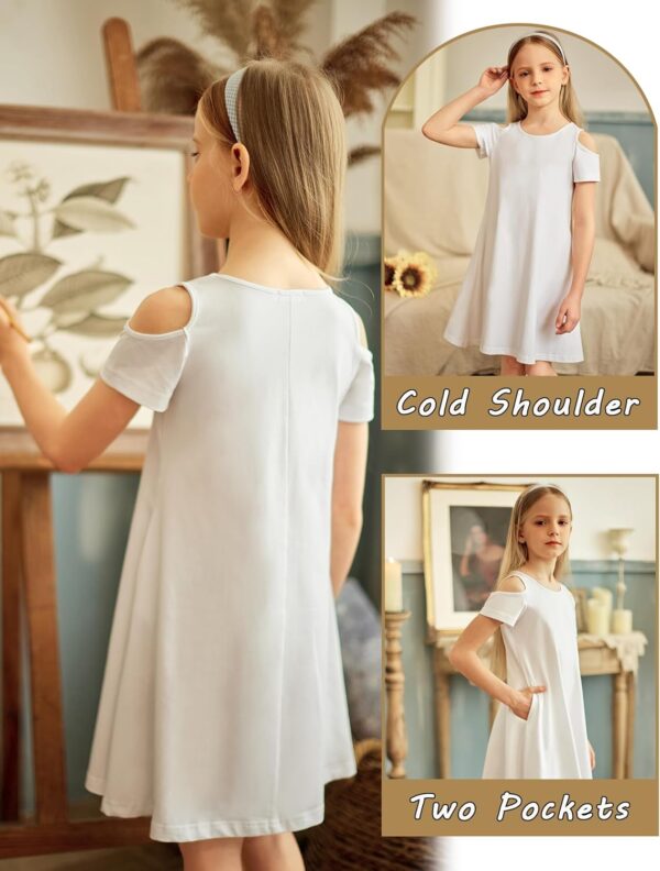 Arshiner Girls Summer Dress Short Sleeve Cold Shoulder Solid Color Swing Casual Dresses with Pockets - Image 6