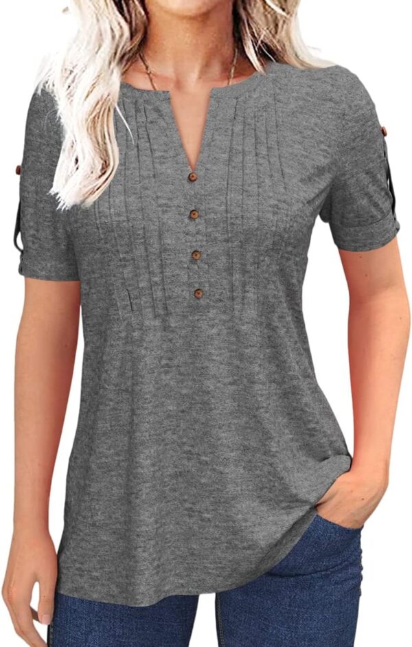 Women's Zipper Summer Pleated Button Short Sleeve T-Shirt Summer V-Neck Solid Color Casual top - Image 2