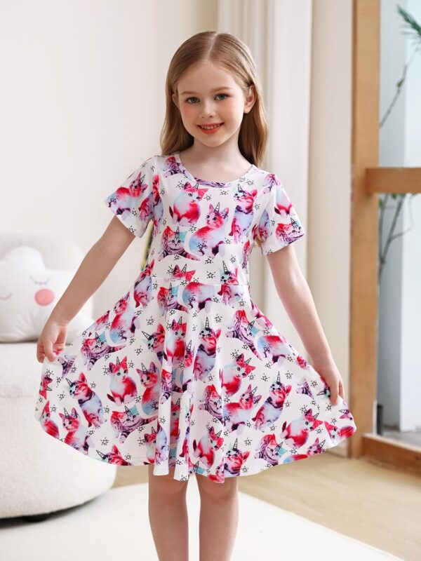 WonderBabe Girls Dresses Toddler Dinosaur Summer Sundress Kids Short Sleeve School Casual A Line Twirly Skater Dresses - Image 3