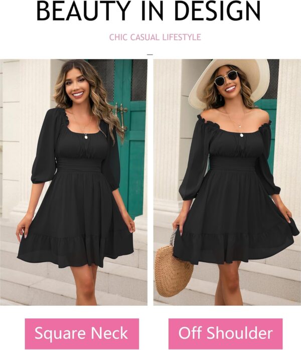 Phortric Womens Summer Tie Back Dress Square Neck Lantern Sleeve Off Shoulder A-Line Casual Mini Dresses - Image 3
