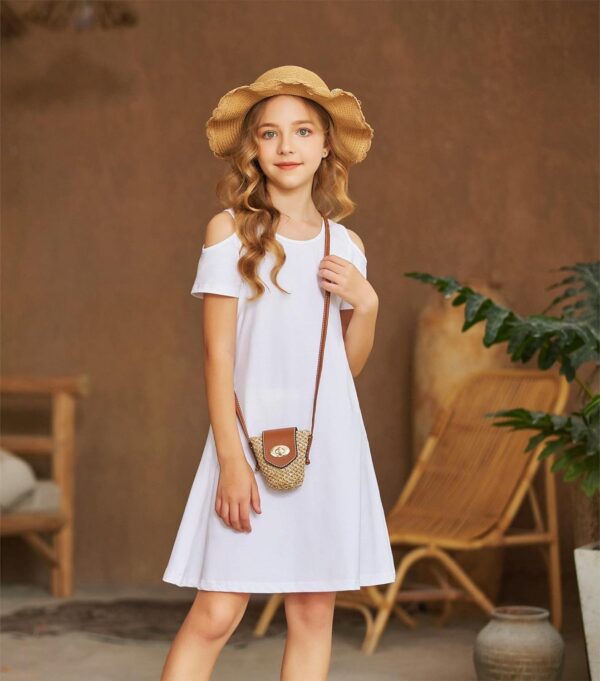 Arshiner Girls Summer Dress Short Sleeve Cold Shoulder Solid Color Swing Casual Dresses with Pockets - Image 4
