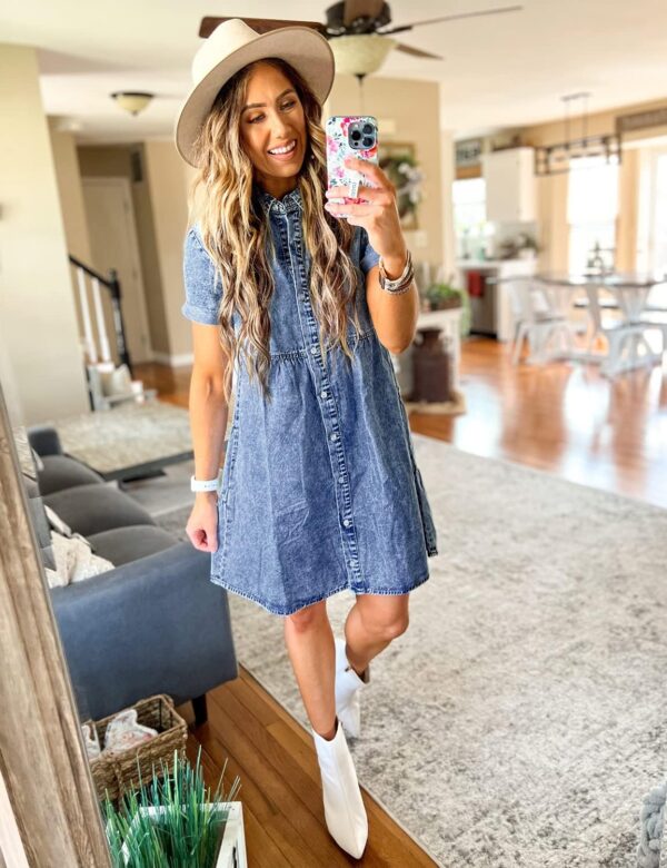 LookbookStore Women's Short Sleeve Button Down Flowy Tiered Babydoll Denim Dress - Image 4