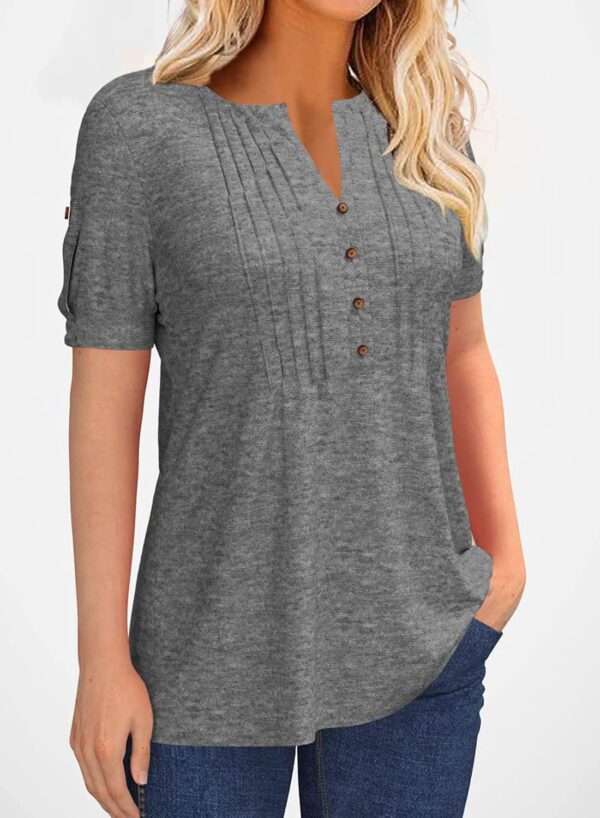 Women's Zipper Summer Pleated Button Short Sleeve T-Shirt Summer V-Neck Solid Color Casual top - Image 3