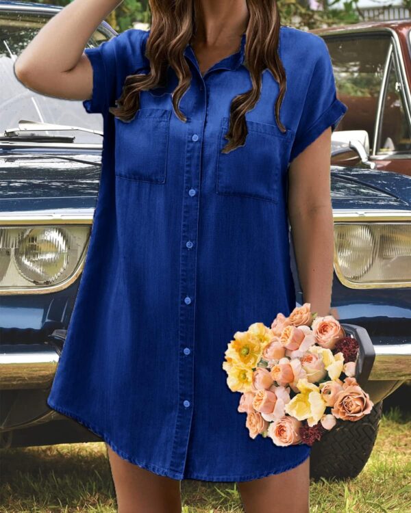 Fronage Women's Denim Shirt Dress Summer Short Sleeve Distressed Jean Dresses Button Down Casual Tunic Tops - Image 4