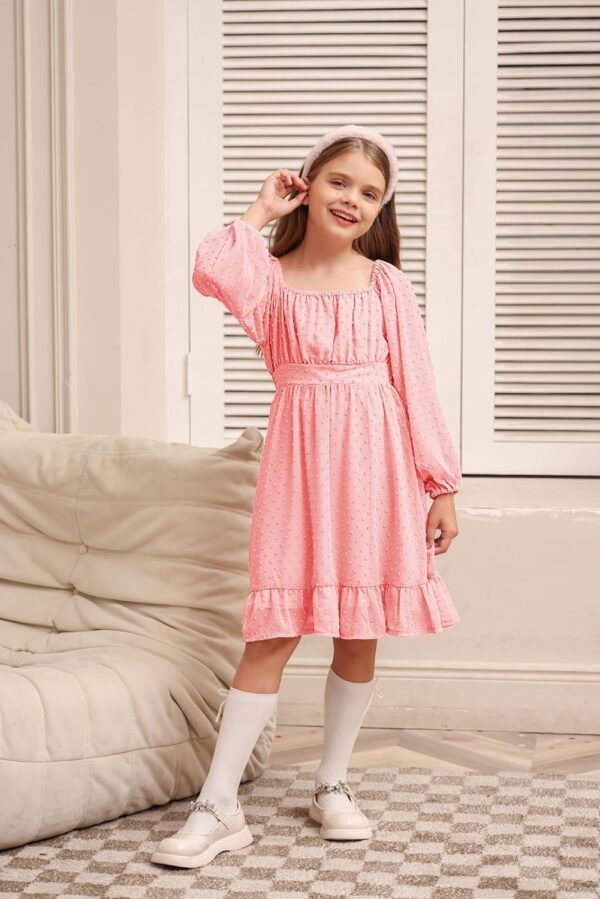 GRACE KARIN Girls Ruffle Tiered Dress Long Sleeve Swiss Dot Flowy A-Line Dress 6-14Y - Image 3