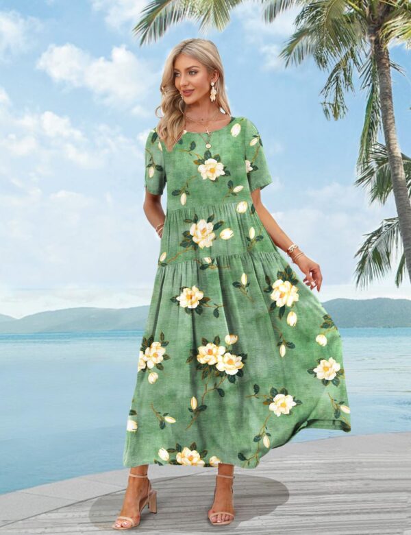 YESNO Women Casual Loose Bohemian Floral Dress with Pockets Short Sleeve Long Maxi Summer Beach Swing Dress EJF - Image 4