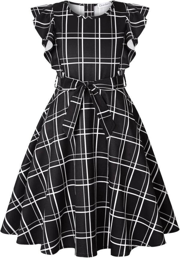 Quedoris Girls Ruffle Trim Dress Print and Solid Color A-line Swing Flared Belted Casual Party Dress with Zipper - Image 3
