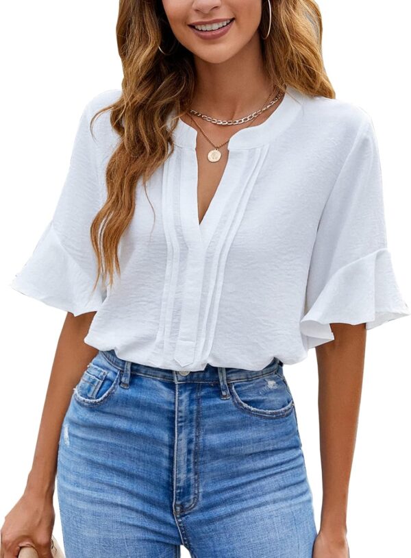 BMJL Womens White Blouses Chiffon Ruffle Short Sleeve V Neck Business Casual Tops Summer Cute Shirt - Image 2