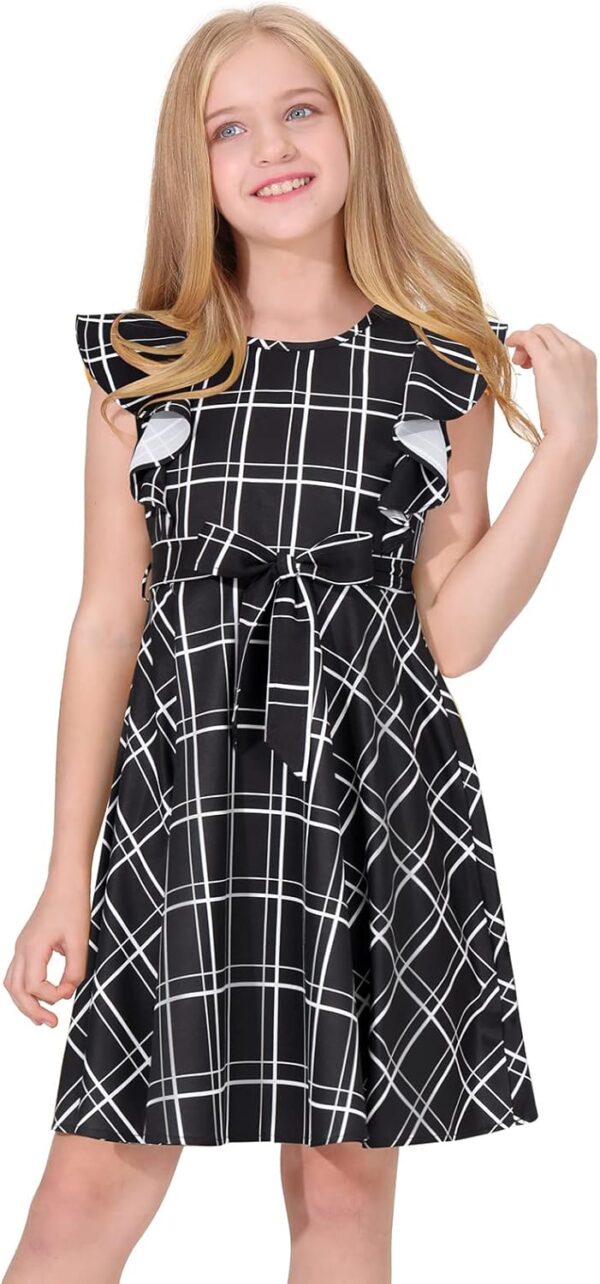 Quedoris Girls Ruffle Trim Dress Print and Solid Color A-line Swing Flared Belted Casual Party Dress with Zipper - Image 2