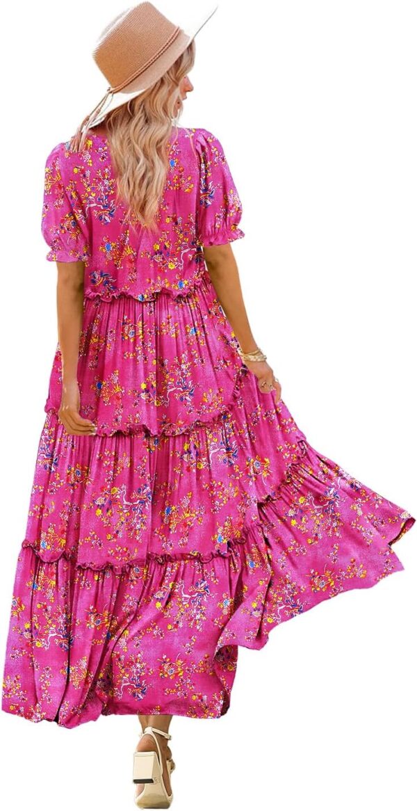 YESNO Summer Casual Bohemian Floral Dresses for Women Puff Short Sleeve Long Maxi Dress with Pockets ETX - Image 2