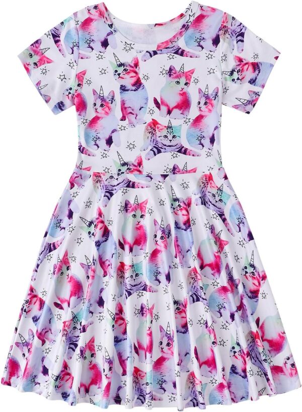 WonderBabe Girls Dresses Toddler Dinosaur Summer Sundress Kids Short Sleeve School Casual A Line Twirly Skater Dresses - Image 2