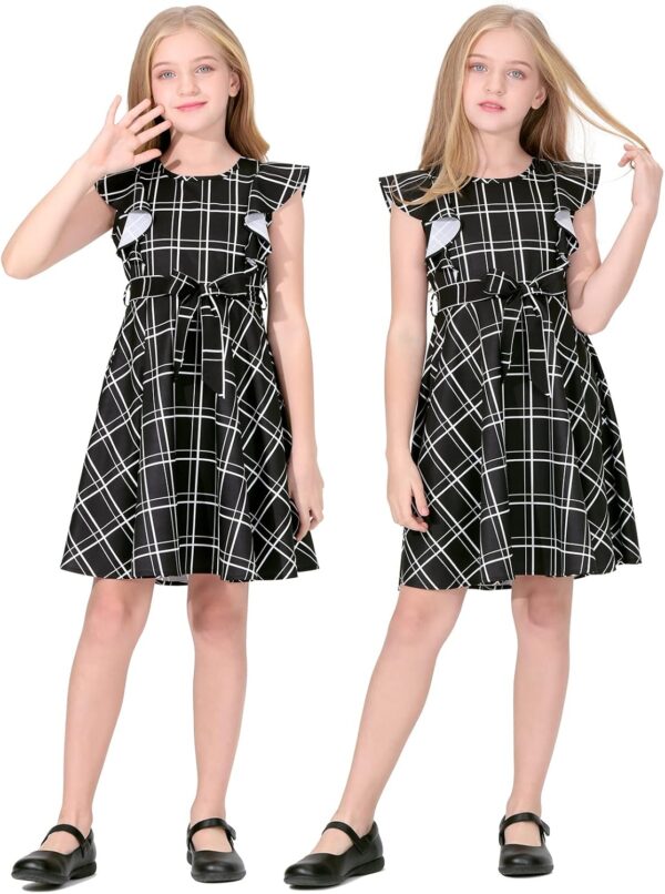 Quedoris Girls Ruffle Trim Dress Print and Solid Color A-line Swing Flared Belted Casual Party Dress with Zipper - Image 5