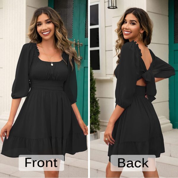 Phortric Womens Summer Tie Back Dress Square Neck Lantern Sleeve Off Shoulder A-Line Casual Mini Dresses - Image 5