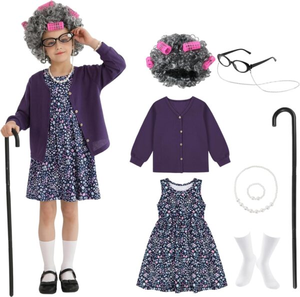 Weixinbuy Old Lady Costume for Kids Girls 100 Days of School Costume Granny Dress Halloween Accessories for Girl - Image 2