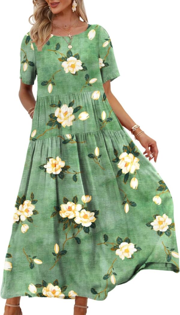 YESNO Women Casual Loose Bohemian Floral Dress with Pockets Short Sleeve Long Maxi Summer Beach Swing Dress EJF - Image 2