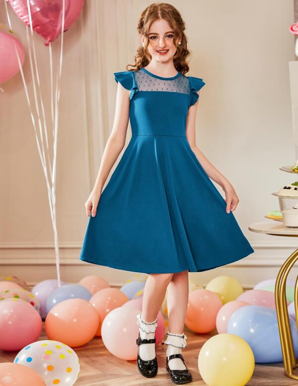 Arshiner Girls Dress Summer Ruffle Sleeve Mesh A Line Casual Party Dresses with Pockets 6-13 Years - Image 3