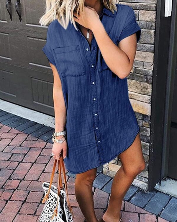 Fronage Women's Denim Shirt Dress Summer Short Sleeve Distressed Jean Dresses Button Down Casual Tunic Tops - Image 3