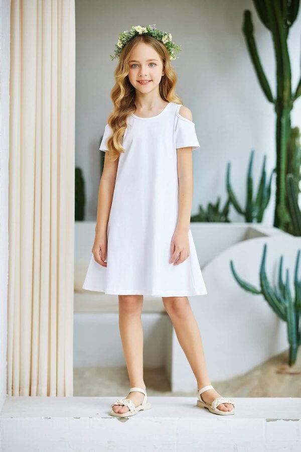 Arshiner Girls Summer Dress Short Sleeve Cold Shoulder Solid Color Swing Casual Dresses with Pockets - Image 3