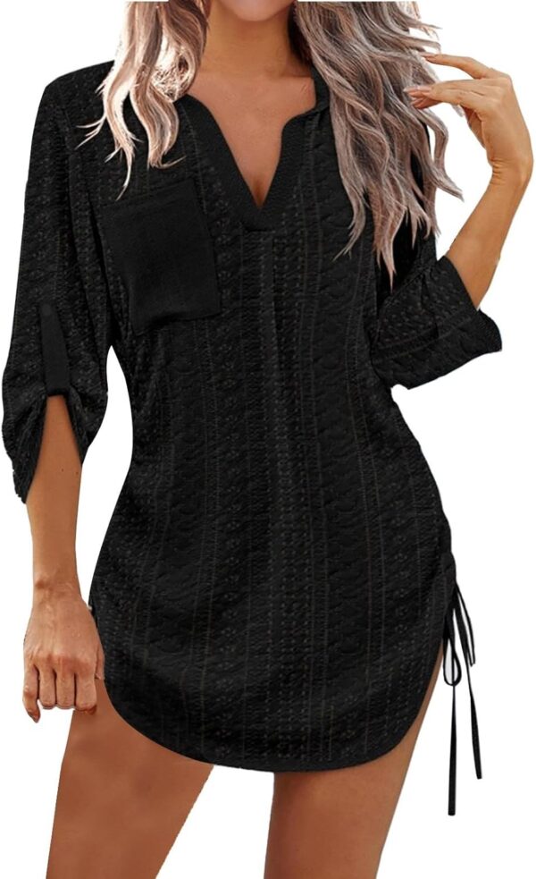 Womens Mini Dress V Neck Long Sleeve Hollow Out Sundresses Summer Casual Beach Vacation Dresses 2025 - Image 2