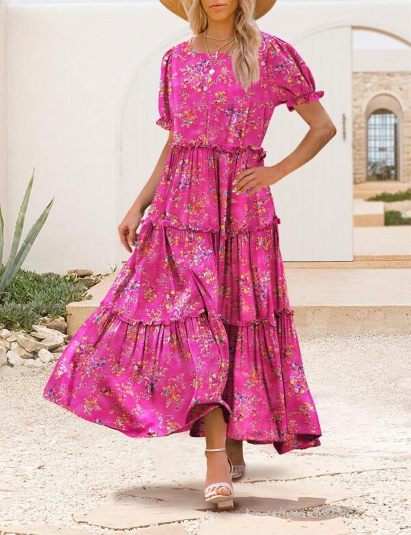 YESNO Summer Casual Bohemian Floral Dresses for Women Puff Short Sleeve Long Maxi Dress with Pockets ETX - Image 4