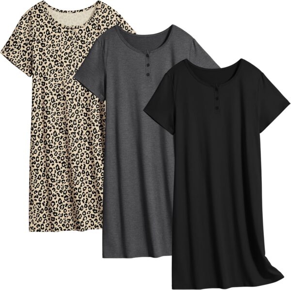Ekouaer 3 Pack Women's Sleepshirts Soft Sleepwear Short Sleeve T-Shirt Nightgowns Casual Sleepdress Nightshirts - Image 2