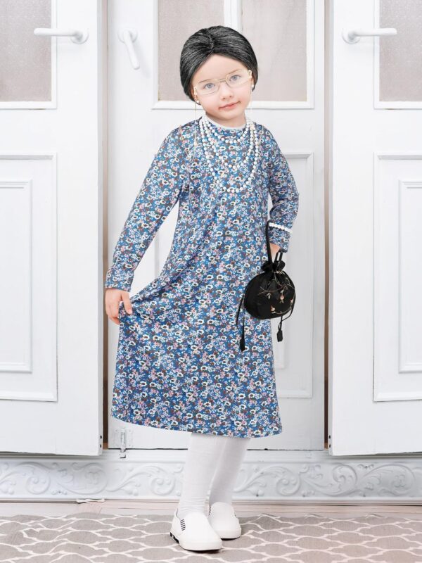 AOTHSO 10 Pcs Kids Old Lady Costume 100 Days of School Costume for Girls Halloween Grandma Dress with Wig Granny Cane for Kid - Image 7