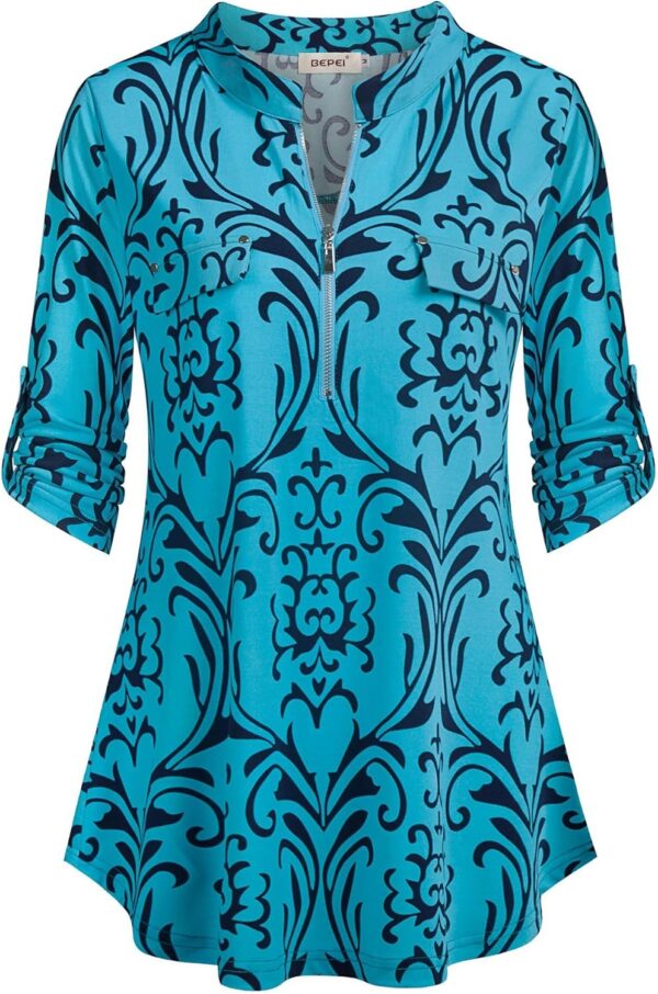 BEPEI Womens Floral 3/4 Sleeve Shirts Zip up V Neck Work Chiffon Blouses Top - Image 2