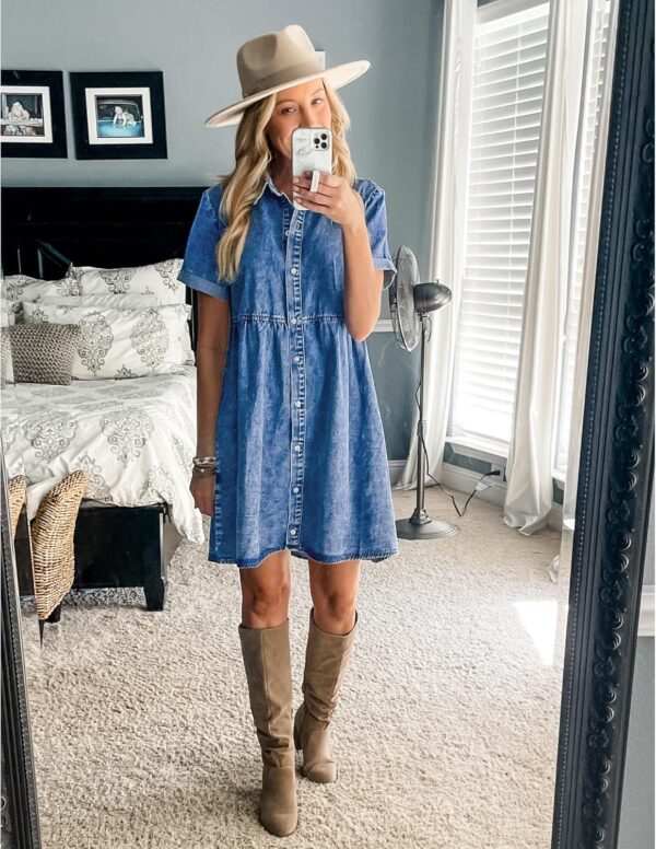 LookbookStore Women's Short Sleeve Button Down Flowy Tiered Babydoll Denim Dress - Image 7