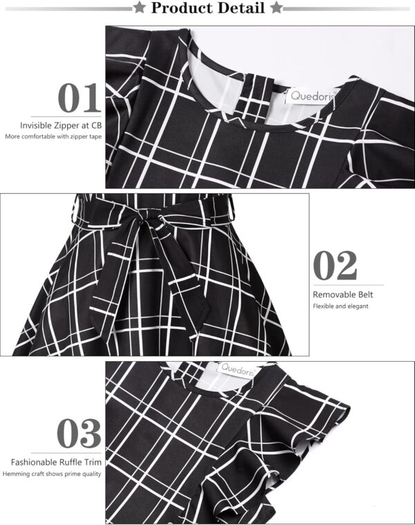 Quedoris Girls Ruffle Trim Dress Print and Solid Color A-line Swing Flared Belted Casual Party Dress with Zipper - Image 6