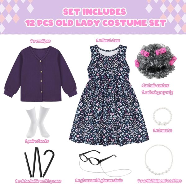 Weixinbuy Old Lady Costume for Kids Girls 100 Days of School Costume Granny Dress Halloween Accessories for Girl - Image 3