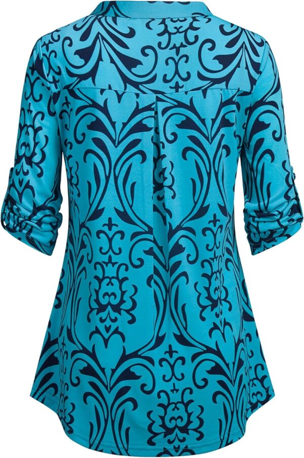 BEPEI Womens Floral 3/4 Sleeve Shirts Zip up V Neck Work Chiffon Blouses Top - Image 4
