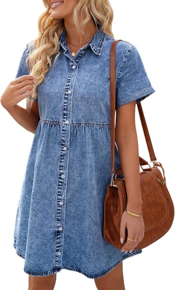 LookbookStore Women's Short Sleeve Button Down Flowy Tiered Babydoll Denim Dress - Image 2