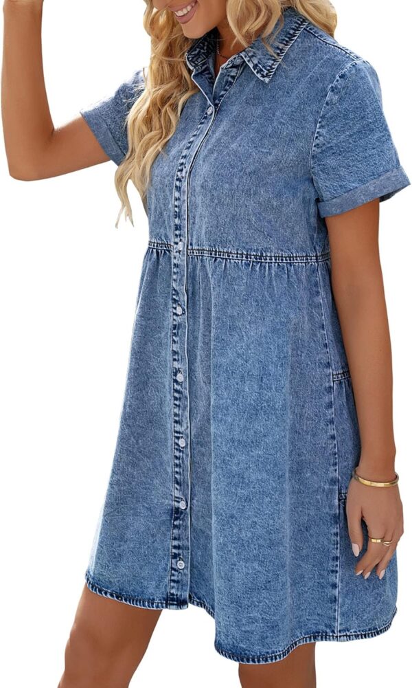 LookbookStore Women's Short Sleeve Button Down Flowy Tiered Babydoll Denim Dress - Image 5