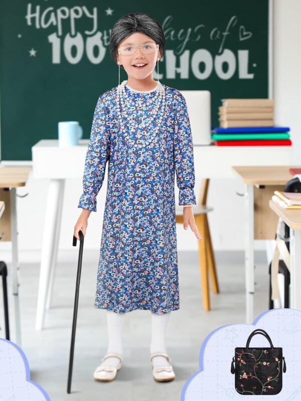 AOTHSO 10 Pcs Kids Old Lady Costume 100 Days of School Costume for Girls Halloween Grandma Dress with Wig Granny Cane for Kid - Image 6