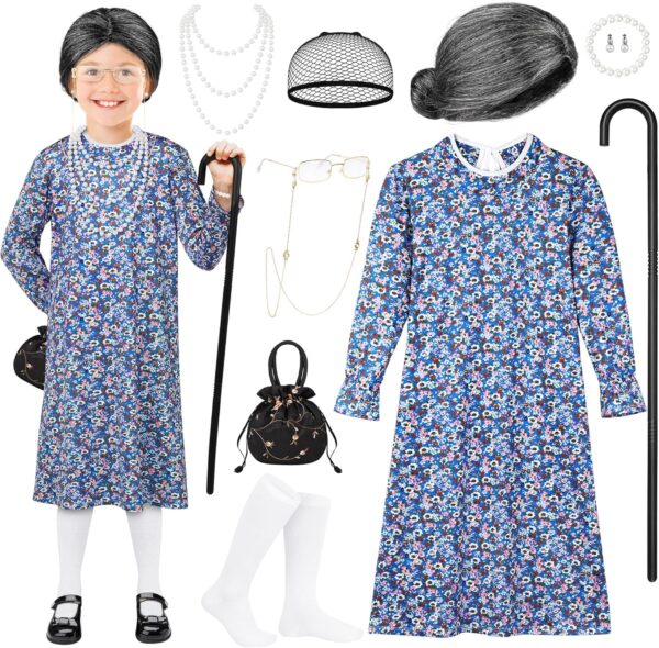 AOTHSO 10 Pcs Kids Old Lady Costume 100 Days of School Costume for Girls Halloween Grandma Dress with Wig Granny Cane for Kid - Image 2