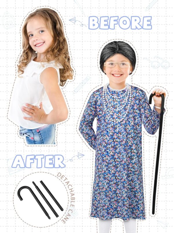 AOTHSO 10 Pcs Kids Old Lady Costume 100 Days of School Costume for Girls Halloween Grandma Dress with Wig Granny Cane for Kid - Image 5