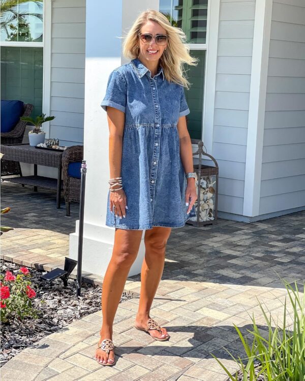 LookbookStore Women's Short Sleeve Button Down Flowy Tiered Babydoll Denim Dress - Image 6