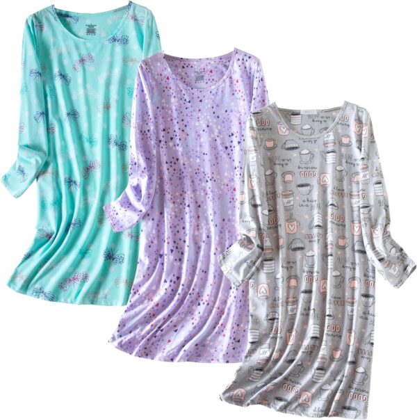 PNAEONG 3 Pack Women's Nightgown, Long Sleeve Sleep Shirts Comfy Soft Nightshirt Women Pajama Sleep Dress Cotton Sleepwear - Image 2