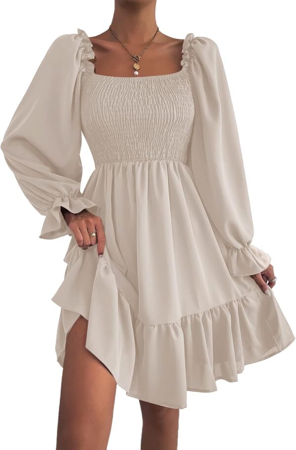 LYANER Women's Square Neck Lantern Long Sleeve Ruffle Shirred Flowy Party Mini Dress - Image 5