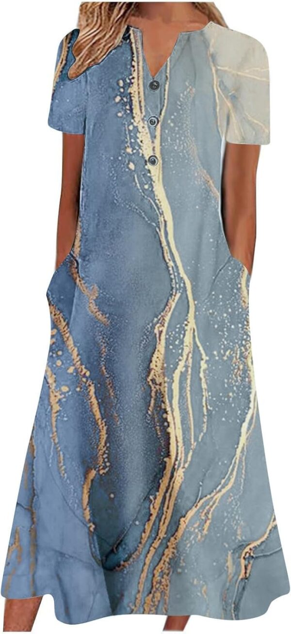 Summer Dresses for Women 2025 Floral Print Boho Beach V-Neck Buttons Short Sleeve Loose Midi Dress with Pockets - Image 2