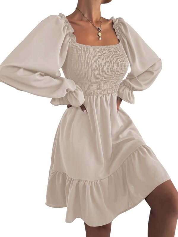 LYANER Women's Square Neck Lantern Long Sleeve Ruffle Shirred Flowy Party Mini Dress - Image 4