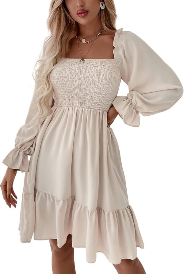LYANER Women's Square Neck Lantern Long Sleeve Ruffle Shirred Flowy Party Mini Dress - Image 2