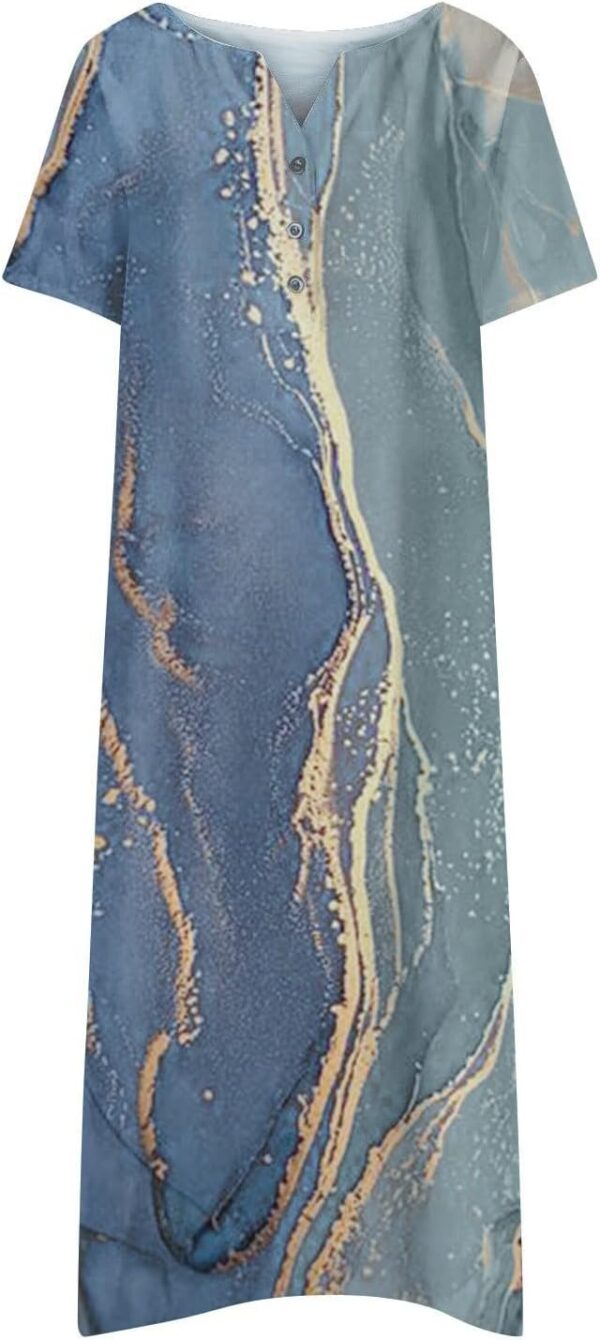 Summer Dresses for Women 2025 Floral Print Boho Beach V-Neck Buttons Short Sleeve Loose Midi Dress with Pockets - Image 3