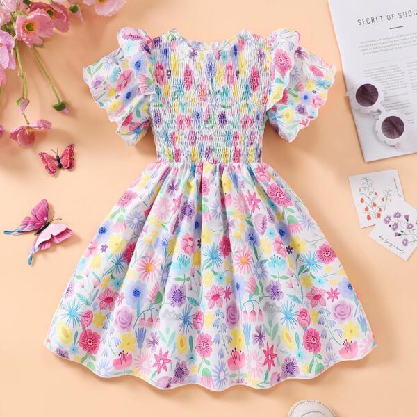 Little Girls Dress Ruffle Sleeve Floral Smocked Dresses Kids Casual Outfits Toddler Summer Tiered Boho Sundress 2-7T - Image 3