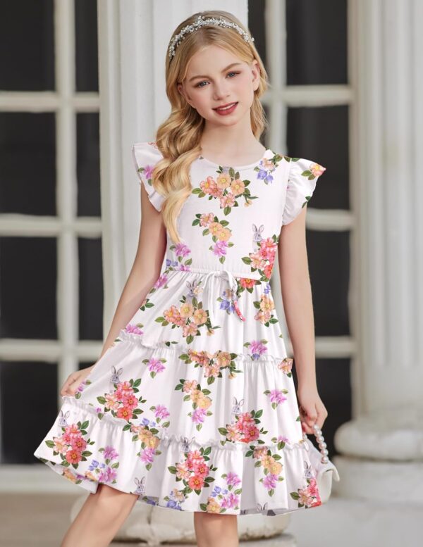 Arshiner Girl's Summer Dress Ruffle Sleeve Tiered Casual Party Dresses with Pockets 5-12 Years - Image 3