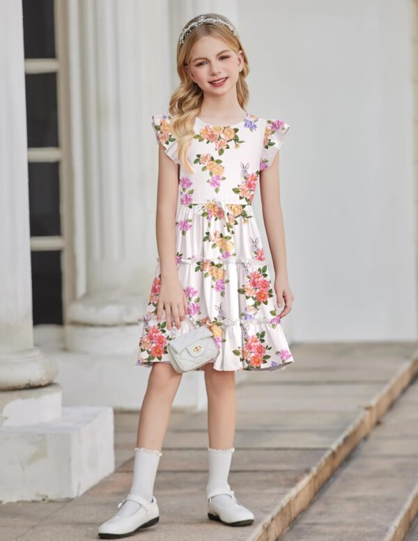 Arshiner Girl's Summer Dress Ruffle Sleeve Tiered Casual Party Dresses with Pockets 5-12 Years - Image 6