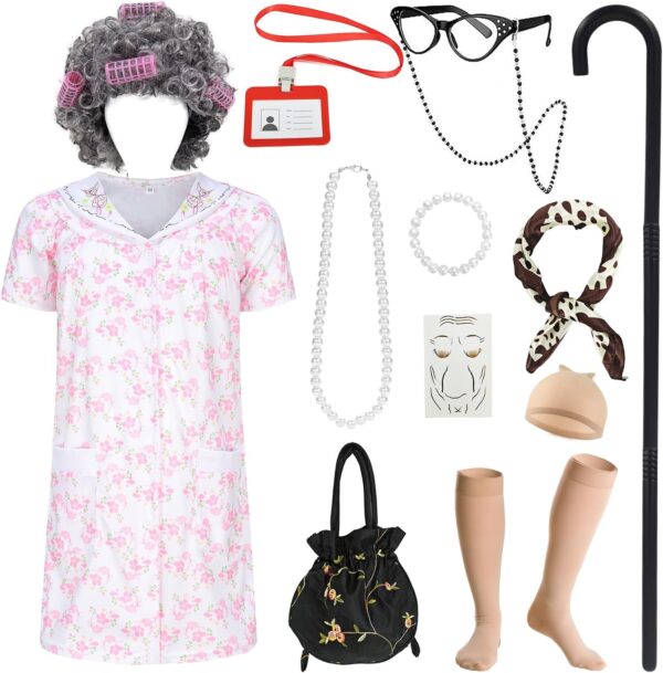 17pcs Old Lady Costume for Kids Girls 100 Day of School Costume Girls Kids Grandma Costume Old Women Dress Up - Image 2