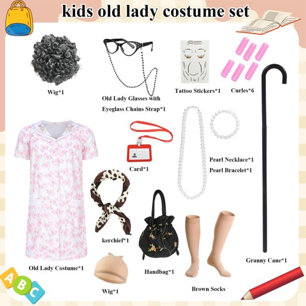 17pcs Old Lady Costume for Kids Girls 100 Day of School Costume Girls Kids Grandma Costume Old Women Dress Up - Image 3